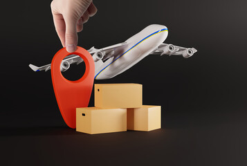 Hand holding a GEO marker against the background of cardboard boxes and an airplane. Parcel delivery concept, couriers and logistics companies. Courier parcels.