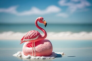 Poster - Miniature pink inflated flamingo lounging on the beach. Fun and games for kids, as well as the idea of vacationing. Time at the beach to unwind in the summer. Great weather, the sun is out. Generative