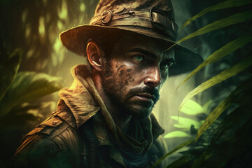 jungle explorer close up in a busy jungle – generative ai