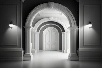 Wall Mural - Illustration of an elegant arch entrance in a white hall, done in a contemporary classical manner. Generative AI