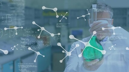 Wall Mural - Animation of molecular structures floating over caucasian male scientist working at laboratory