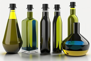 Wall Mural - bottles of olive oil in various sizes housed in black glass, displayed against a white background. Generative AI