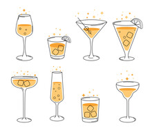 Glasses With Alcoholic Drinks Set. Collection Of Graphic Elements For Website. Iced Cocktails With Fruits, Symbol Of Summer Season. Cartoon Flat Vector Illustrations Isolated On White Background