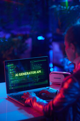 Seen from behind modern woman working on new ai program