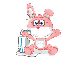 Sticker - pink bunny playing video games. cartoon character