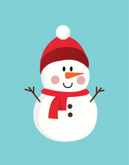 Wall Mural - Christmas snowman concept. Symbol of winter holidays, New Year and Christmas. Fictional character, imagination and fantasy, fairy tale. Character in red scarf and hat. Cartoon flat vector illustration