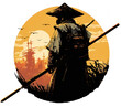 Samurai warrior foot soldier silhouette with yari japanese spear in front of grass and an orange and gold sunset sky, ai. 