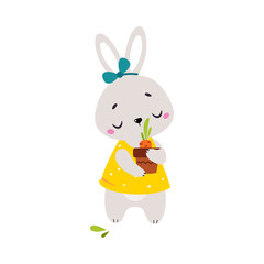 Sticker - Cute Bunny Character Holding Pot with Growing Carrot Crop Vector Illustration