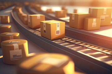 Cardboard boxes and packages move on an autonomous conveyor belt in a logistics center. Ai generated