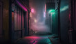 A photo-realistic depiction of a Cyberpunk alleyway with neon signs, volumetric lighting, and wispy low fog - a stunning wallpaper background