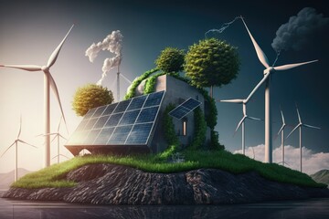 Wall Mural - Renewable power plant powered by wind turbines CO2 emissions cap Carbon credit offset Sustainable ESG development horizontal. Generative AI