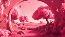 Loving Wallpaper Of Cherry Blossoms All In Pink. A Grandiose Marble Arch Shows A Free Meadow. Pink Summer Vibes Background. Ai Generated.