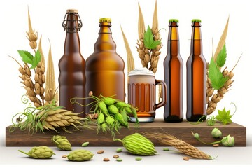 Sticker - Beer bottles, wheat stalks, and hops growing on a wooden table. Generative AI