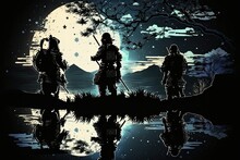 silhouettes of samurai armed with swords and kasa stand out against a starry night sky and clouds. The river reflects the moon, fireflies dance, and distant mountains provide a dramatic backdrop