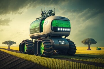 Wall Mural - Field labor being done by an autonomous tractor. Intelligent Farming System. Generative AI