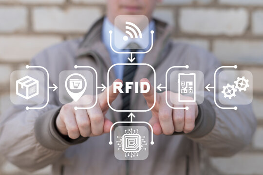 man using virtual touchscreen presses acronym: rfid. concept of rfid - radio frequency identificatio