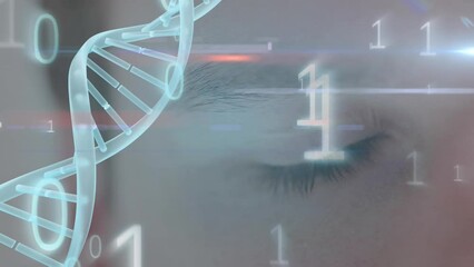 Wall Mural - animation of blue light spot, spinning dna structure and binary coding over close up of a male eye