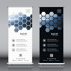 Roll up banner design set with an image placement. Editable black and white color vertical banner template vector set, modern standee and flag banner