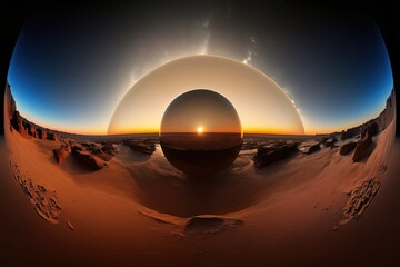 Sticker - A 16K spherical HDRI environment panoramic of the sunrise over Mars, the red planet. Generative AI