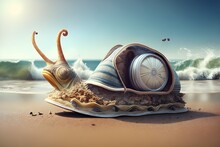 Snail In Summer Clothes On The Beach Background Made With Generative AI