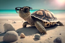 Tortoise In Summer Clothes On The Beach Background Made With Generative AI