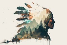 Native American Silhouette, Head Morphing Into Mountains, Landscape, Feathers Or Totem Animal, Watercolor Style, AI Generative