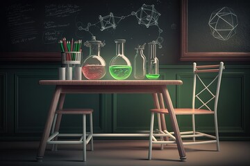 Canvas Print - Table in chemical lab with test tubes and a green chalkboard. Generative AI