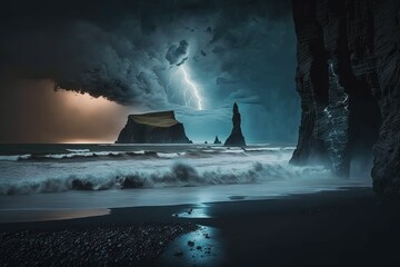 Poster - Lightning over Reynisfjara Beach, an exquisite scene. Stormy night on a beach with black sand is a picturesque backdrop. Cliffs at well known landmark are stunning. Generative AI