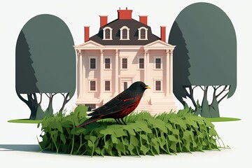 Sticker - Grassy area with a blackbird perched on it. Generative AI