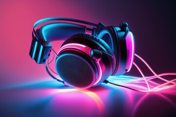 Wall Mural - Traditional headphones in a wired design, with a dazzling neon color gradient from blue to pink. Having a throwback look. An era of retro music. 80s. An idea for minimal music. This is the top view, g