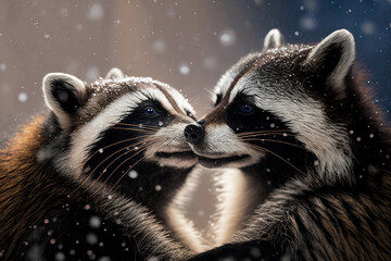 Wall Mural - Two little raccoons fell in love on a snowy day