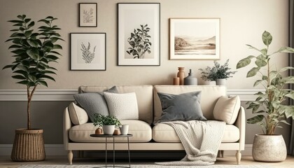 domestic and cozy interior of living room with beige sofa, plants, shelf, coffee table, boucle rug, 