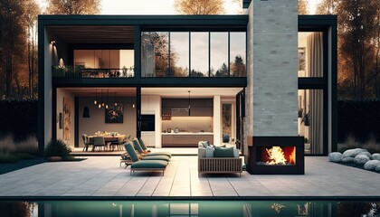 Modern house exterior design. Open plan living room with fireplace. Cozy patio area with swimming pool generative ai