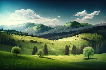 forested hills and meadows with grassy terrain. scenes of springtime alpine landscapes stretching up