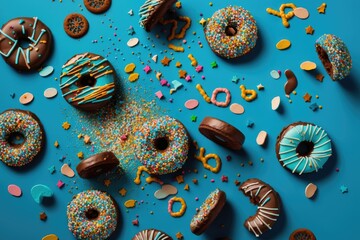 Wall Mural - Chocolate and sugar glazed German carnival donuts on a blue background decorated with confetti and streamers. Generative AI