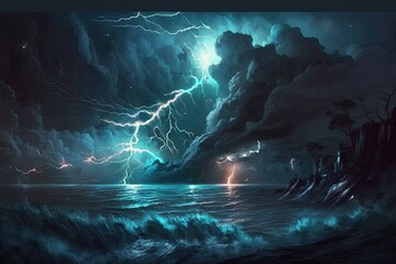 Sticker - Lightning bolts and rumbling thunderclouds are depicted in this digital storm art illustration of a stormy night sky. Generative AI