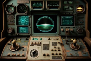 Spaceship Control Panel from Command Center in the space through galaxies, coloured in 16 bit videogame style, generative ai