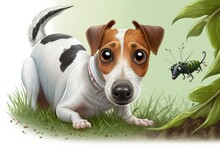 Jack Russell Terrier Crawling Worm On The Tingue Of A Terrier. The Dog Is Looking At You While It Eats An Insect It Caught In The Garden. Puppy Is Up And About In The Backyard. Generative AI