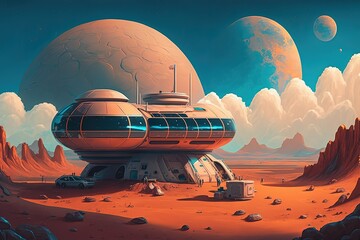 Canvas Print - Illustration of Mars colony base. Generative AI