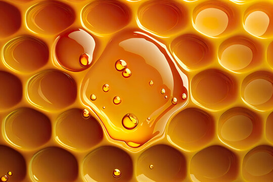 Wall Mural - Honeycomb background texture and pattern. Honeycomb with honey drop in white background. Generative AI.
