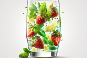 Poster - Mojito cocktail in a chilled glass, isolated on white. Juice made with strawberries and lemons. Generative AI