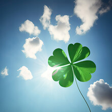 Generative AI, Green Four Leaf Clover In Sky Background With Clouds Symbol Of Good Luck St. Patrick's Day Holiday AI Illustration 