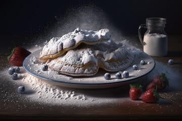 Wall Mural - a pile of powdered pastries on a plate with strawberries and blueberries, generative AI