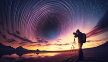 Talented Photographer Capturing Stunning Star Scape, Under Clear Night Sky