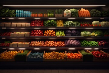 Wall Mural - Vibrant produce on display in a modern supermarket. Fresh fruits and vegetables in shelf. Generative AI