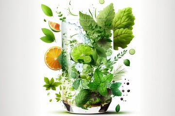 Wall Mural - Mojito cocktail with fresh ingredients, focusing on the white background. Generative AI