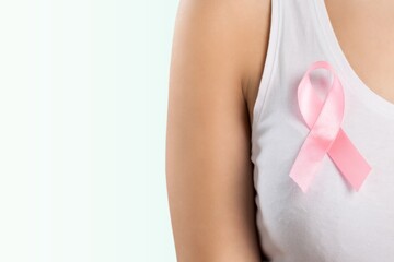 Canvas Print - Happy woman and pink ribbon,breast cancer concept