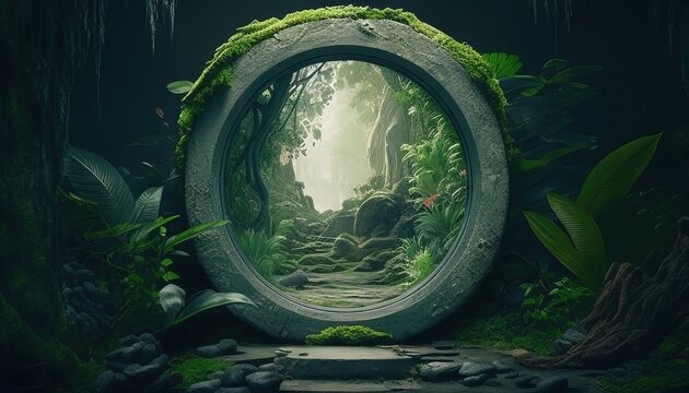 enchanting portal hidden in lush tropical forest, beckoning to adventure