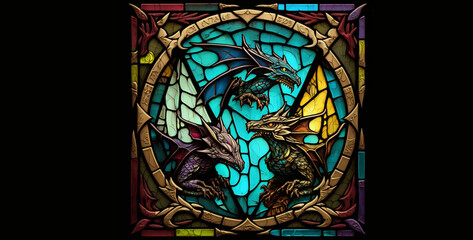 Wall Mural - ihackmo Chibi style wyverns on tained square glass kaleidoscop hd wallpaper card wallpaper