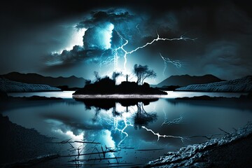 Sticker - Thunderstorm and lightning in the wilderness create a dramatic backdrop. Thunderstorm over a dark night countryside. Lightning strikes. Light from neon signs reflected in a pool of water. Imaginary, a